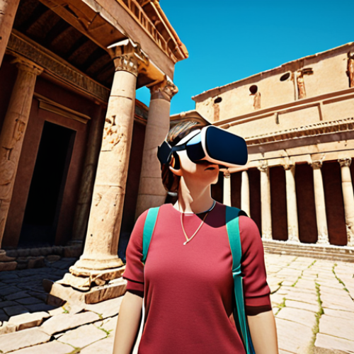 Home 4 **VR Historical Site Tour:** A person wearing a VR headset, seemingly exploring an ancient historical site. Focus on the immersive experience and realistic graphics. Include elements like Roman architecture, ancient artifacts, and historical figures (possibly as VR recreations). Stylized, vibrant colors.