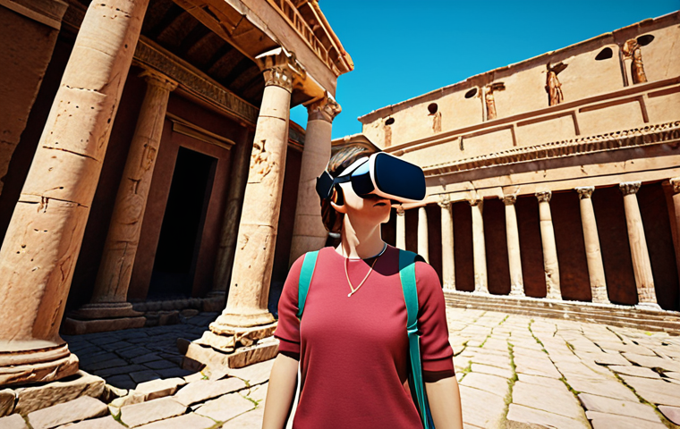 **VR Historical Site Tour:** A person wearing a VR headset, seemingly exploring an ancient historical site. Focus on the immersive experience and realistic graphics. Include elements like Roman architecture, ancient artifacts, and historical figures (possibly as VR recreations). Stylized, vibrant colors.