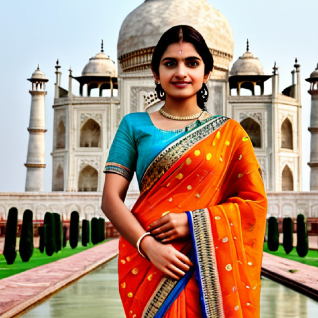 관광학의 정의 - **Prompt:** A professional woman in a vibrant, fully clothed sari, standing in front of the Taj Maha...
