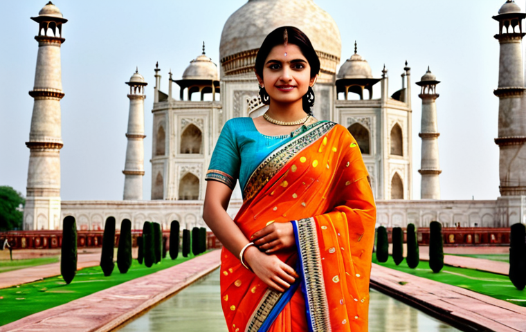 관광학의 정의 - **Prompt:** A professional woman in a vibrant, fully clothed sari, standing in front of the Taj Maha...