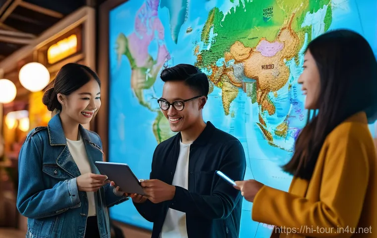 디지털 관광 마케팅 - **Prompt:** "A diverse group of young adults, dressed in stylish but comfortable travel attire, gath...