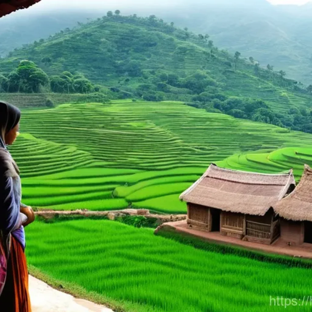 관광객의 정보 검색 행동 - **Prompt 1: Hidden Village Serenity**
A wide shot capturing a female traveler, dressed in comfor...