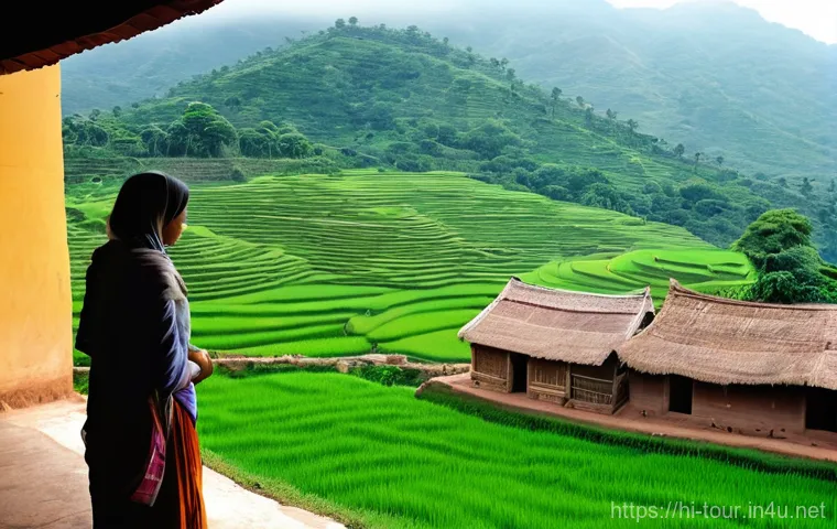 관광객의 정보 검색 행동 - **Prompt 1: Hidden Village Serenity**
A wide shot capturing a female traveler, dressed in comfor...