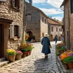 유럽 관광 시장 - **Prompt:** "A serene scene featuring a young female traveler, dressed in comfortable, modest outdoo...