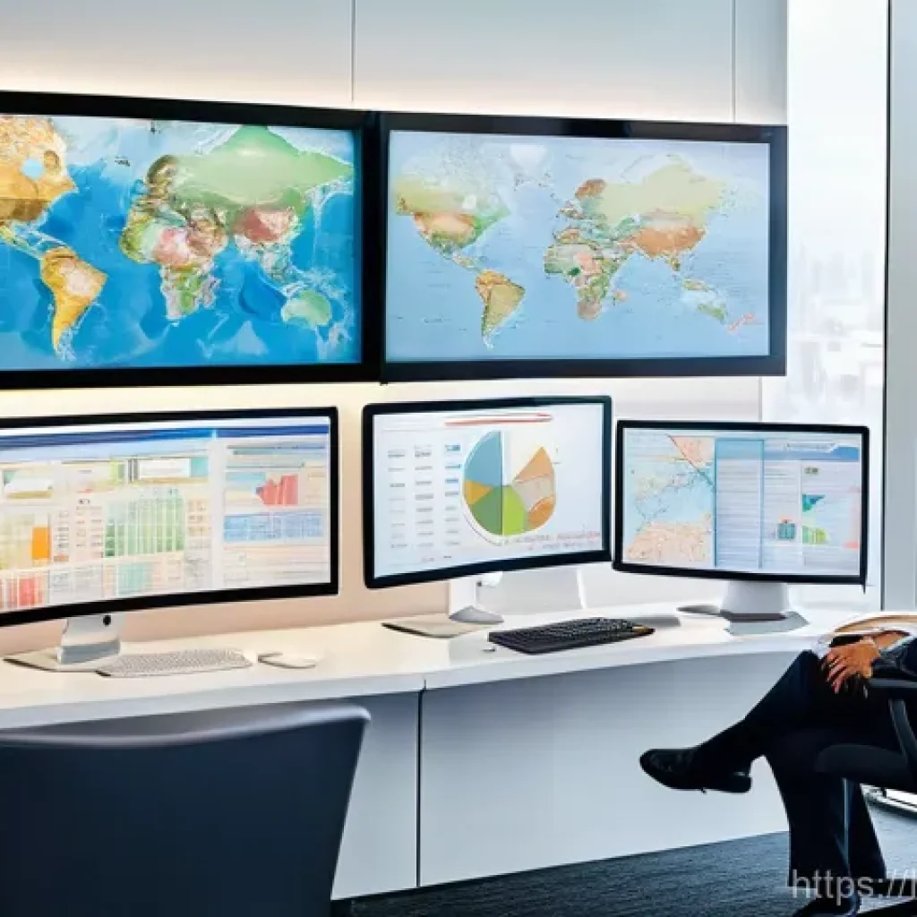 관광 재무 회계 - **"A wide shot of a brightly lit, modern travel agency office. In the foreground, a diverse business...