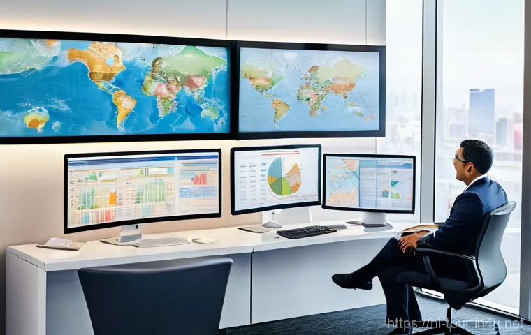 관광 재무 회계 - **"A wide shot of a brightly lit, modern travel agency office. In the foreground, a diverse business...