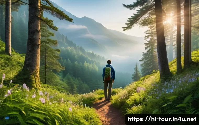 에코 관광 - **Prompt:** A serene and breathtaking landscape capturing the essence of eco-tourism. A lone travele...