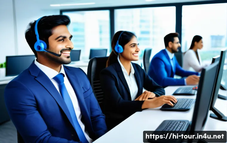 고객 서비스 교육 - A professional Indian customer service team in a modern office setting, engaging warmly with diverse...