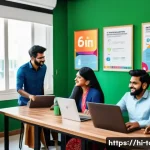 관광 기업의 브랜드 전략 - A vibrant, professional tourism company office scene in India, showcasing a diverse team of employee...