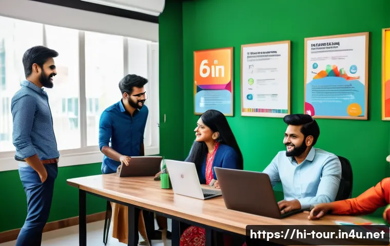 관광 기업의 브랜드 전략 - A vibrant, professional tourism company office scene in India, showcasing a diverse team of employee...