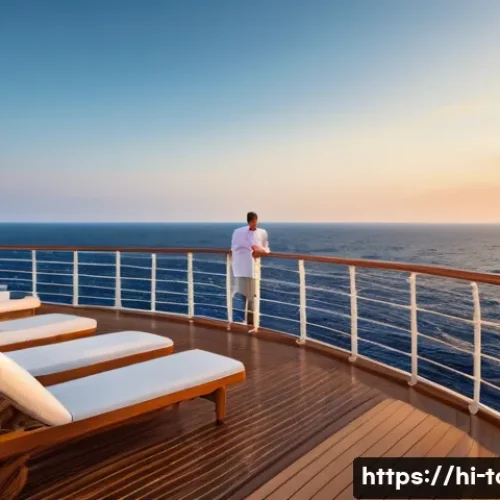 크루즈 관광 - A luxurious cruise ship deck scene during sunset over the vast ocean, featuring a diverse group of p...