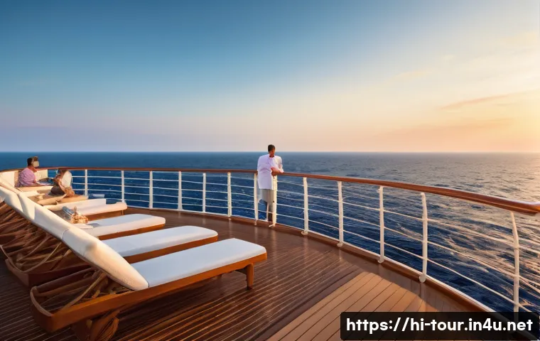 크루즈 관광 - A luxurious cruise ship deck scene during sunset over the vast ocean, featuring a diverse group of p...
