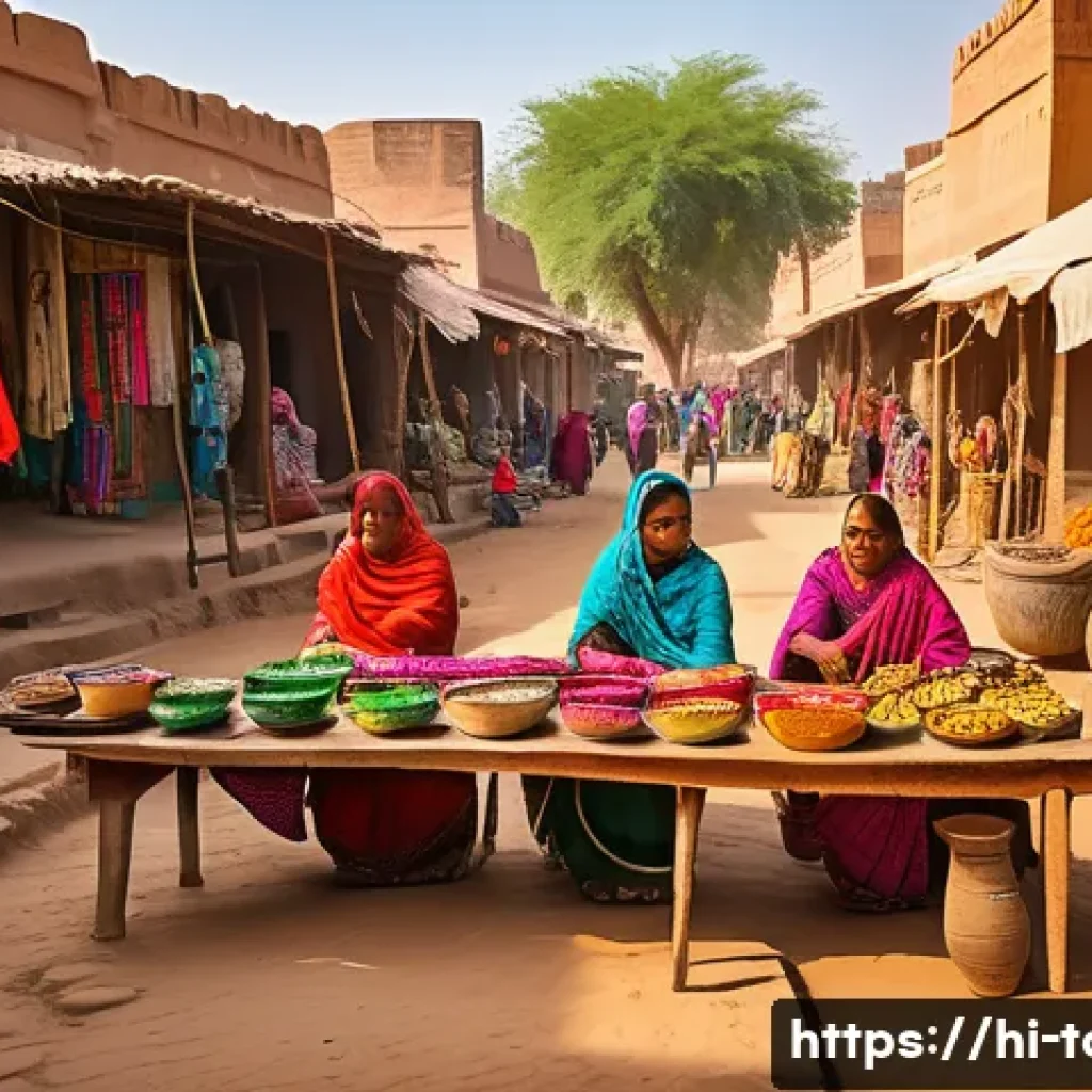 글로벌 관광 - A vibrant rural Indian village scene in Rajasthan during daytime, showing a bustling local market wi...