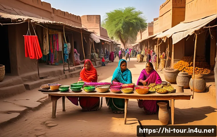 글로벌 관광 - A vibrant rural Indian village scene in Rajasthan during daytime, showing a bustling local market wi...
