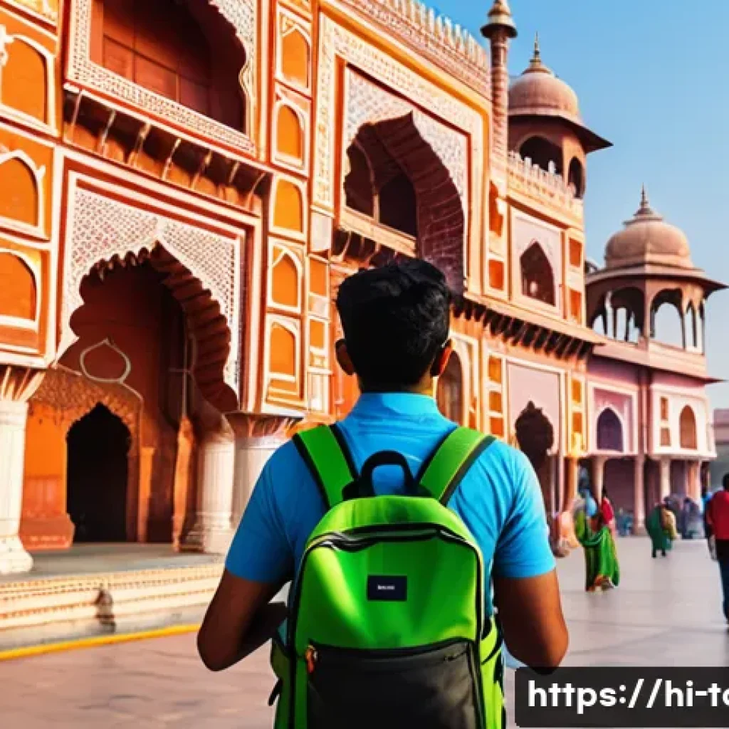 모바일 관광 - A vibrant scene of an Indian traveler using a smartphone app to plan a trip, surrounded by iconic In...