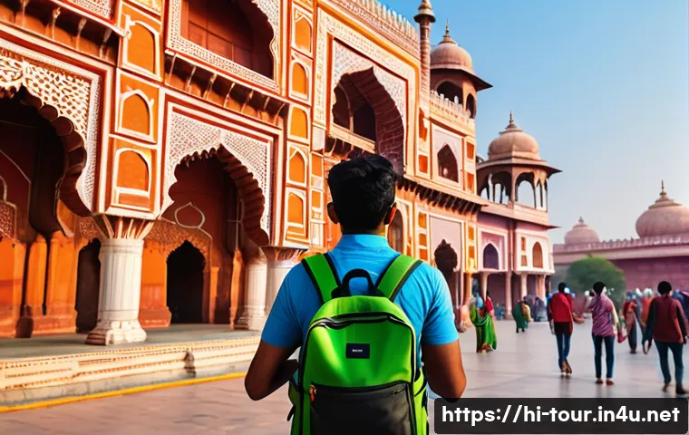 모바일 관광 - A vibrant scene of an Indian traveler using a smartphone app to plan a trip, surrounded by iconic In...