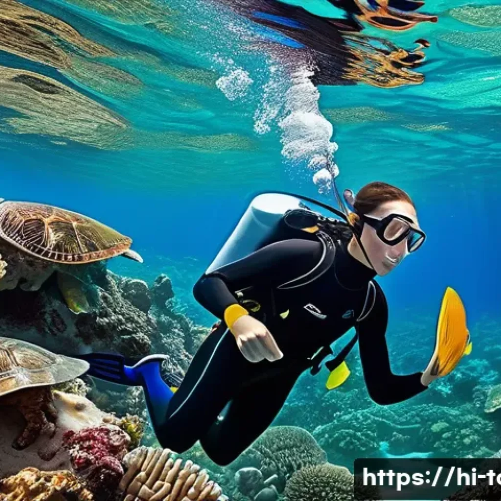해양 관광 트렌드 - A vibrant underwater scene depicting a young adult wearing comfortable snorkeling gear and a wetsuit...