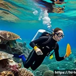해양 관광 트렌드 - A vibrant underwater scene depicting a young adult wearing comfortable snorkeling gear and a wetsuit...
