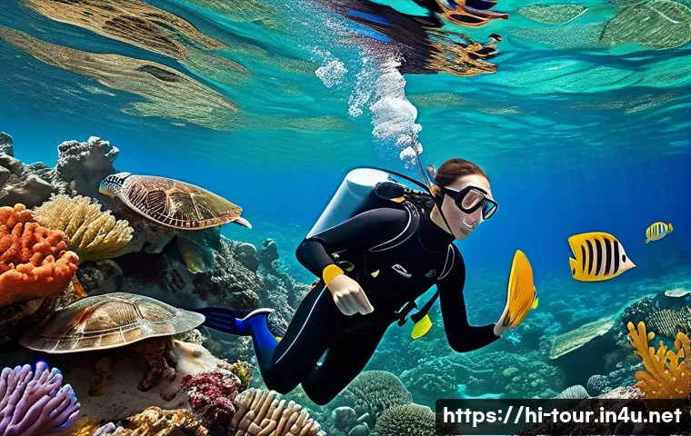 해양 관광 트렌드 - A vibrant underwater scene depicting a young adult wearing comfortable snorkeling gear and a wetsuit...