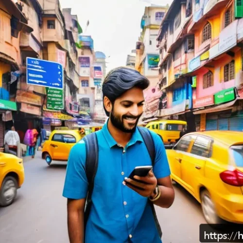 관광업의 디지털화 - A vibrant scene of a young Indian traveler using multiple smartphone travel apps like Google Maps, T...
