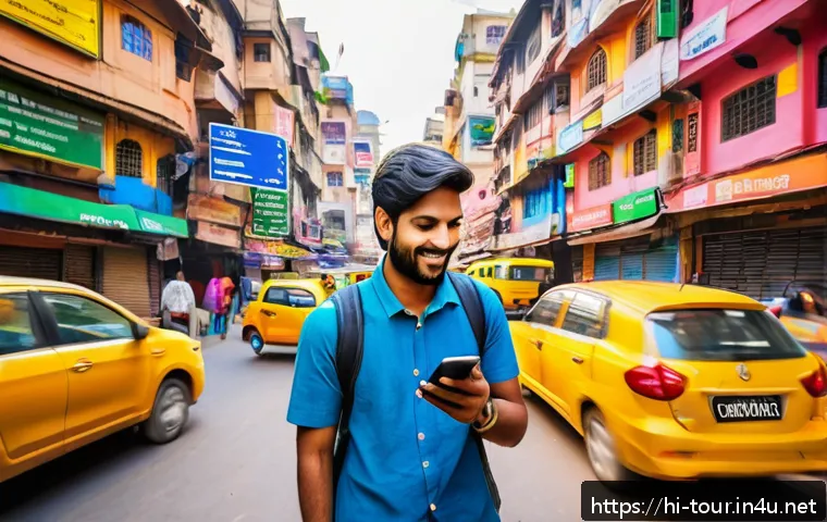 관광업의 디지털화 - A vibrant scene of a young Indian traveler using multiple smartphone travel apps like Google Maps, T...