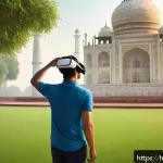 디지털 관광 정책 - A modern traveler using a VR headset indoors, fully clothed in casual attire, immersed in a virtual ...