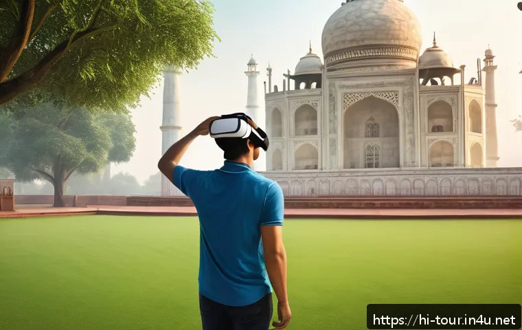 디지털 관광 정책 - A modern traveler using a VR headset indoors, fully clothed in casual attire, immersed in a virtual ...