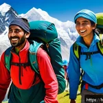 관광객의 구매 행동 분석 - A vibrant scene depicting a group of adventurous Hindi-speaking tourists trekking through lush green...