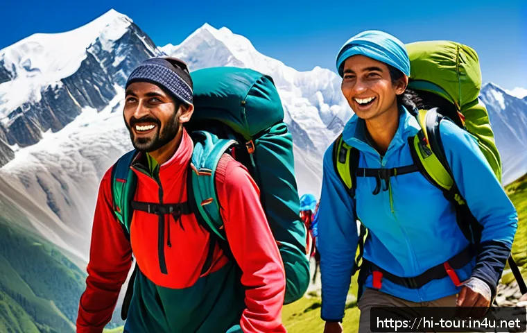 관광객의 구매 행동 분석 - A vibrant scene depicting a group of adventurous Hindi-speaking tourists trekking through lush green...