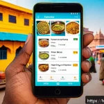 인공지능 관광 서비스 - A vibrant scene of an Indian traveler using an AI-powered travel app on a smartphone, planning a per...