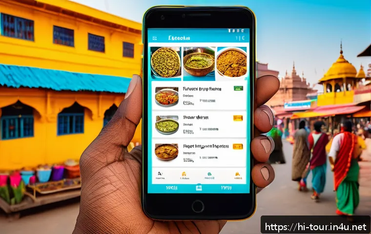 인공지능 관광 서비스 - A vibrant scene of an Indian traveler using an AI-powered travel app on a smartphone, planning a per...