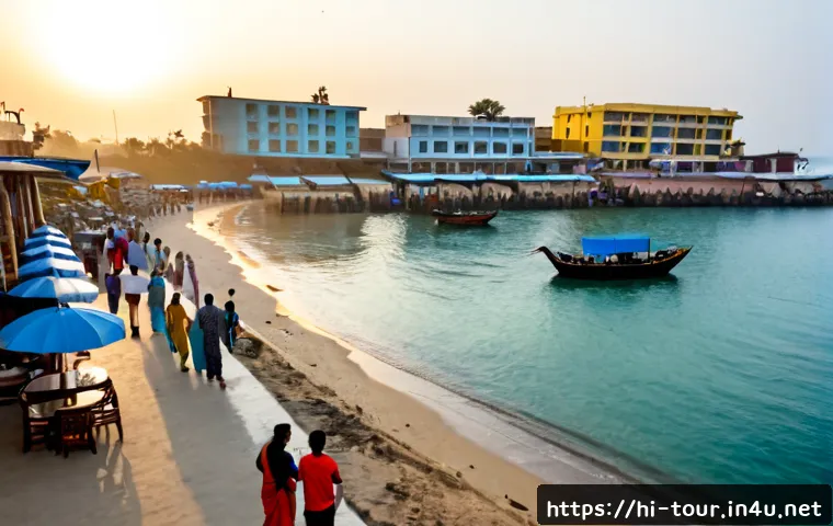 Home 17 해양 관광의 경제적 영향 - Photorealistic wide-angle view of a thriving Indian coastal tourism town at sunrise, diverse familie...