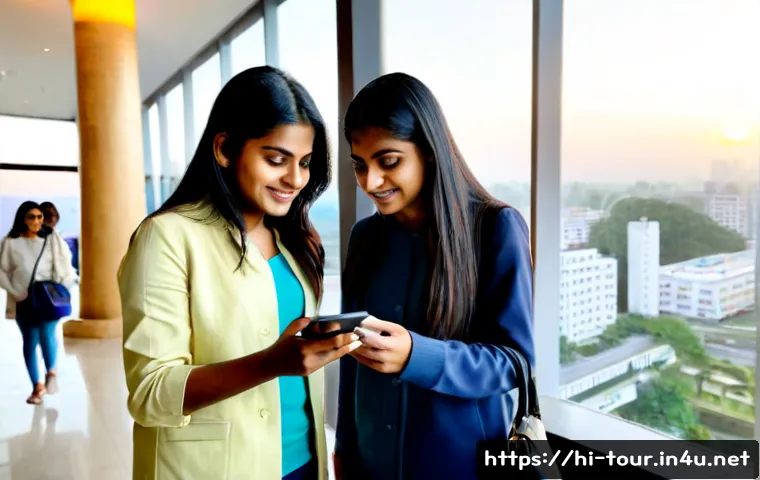 Home 17 관광 테크놀로지 - Photorealistic Indian family using a smartphone travel planning app at a bright modern hotel lobby, ...
